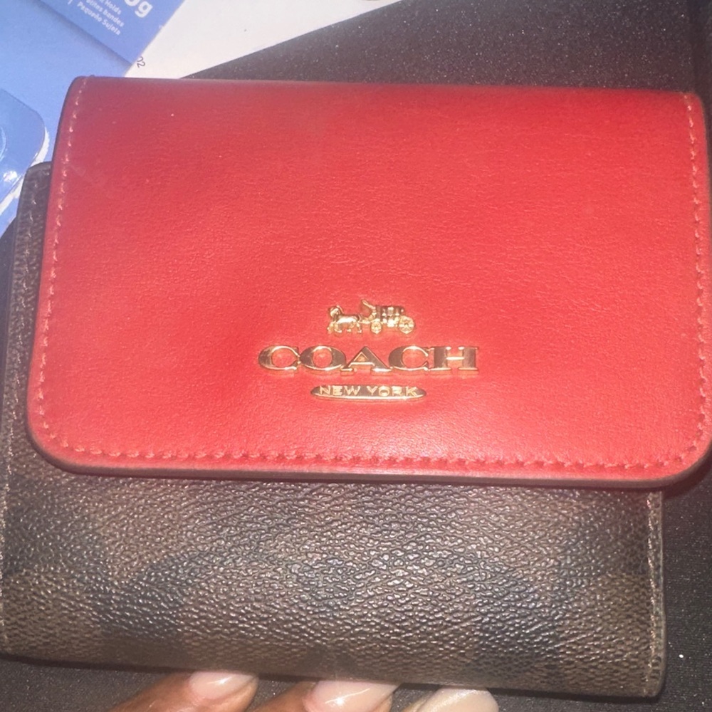 Coach Red Leather Flap Wallet with Signature Canvas